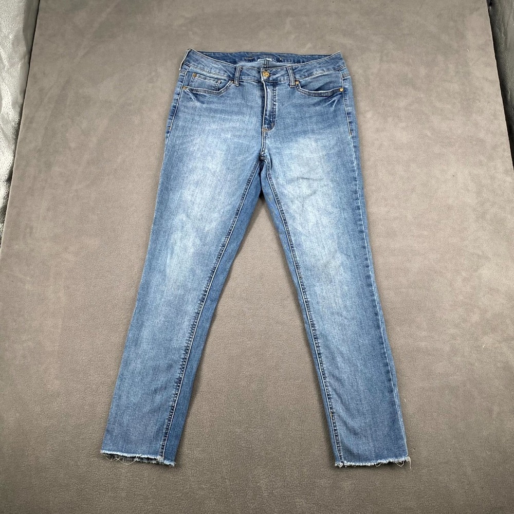 Seven7 Weekend Slim Fit Jeans Womens 10 Blue Denim Mid Rise Straight Leg Raw Hem